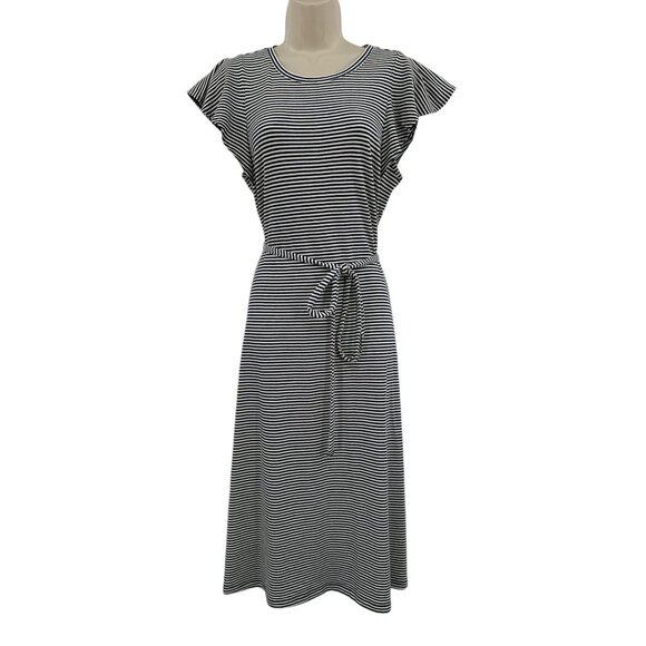 Gap Flutter Sleeve Midi Dress Navy Stripe Preppy Classiccore Knit Tie Medium - Picture 2 of 9